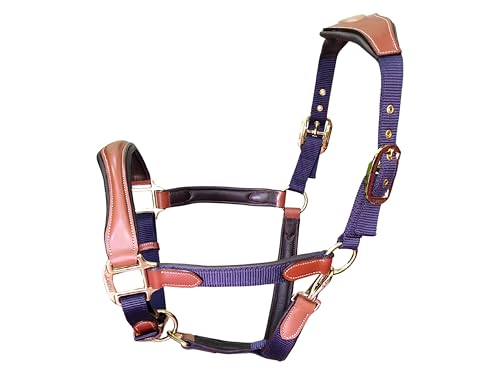 LEXNEL Leather Halter for Horses – Primium Leather Padded Nylon Halter, Adjustable Fit Leather Horse Halter with Brass Hardware for Ultimate Comfort & Style (Navy Blue, Full)