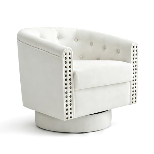 Image of Swivel Barrel Accent Chair, Round Chenille Fabric Living Room Arm Chairs, Modern Upholstered Comfty Reading Nook Chairs for Bedroom, Small Club Armchair, Single Sofa Side Chair, White