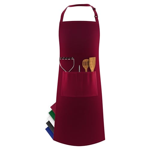 LEFUNDA® Delantal de Cocina Impermeable Con 3 Bolsillos, Ajustable Para Barbacoa, Con Correas Largas, Para Hombres y Mujeres, Cocinar, Restaurante, Café, Hornear (Rojo)