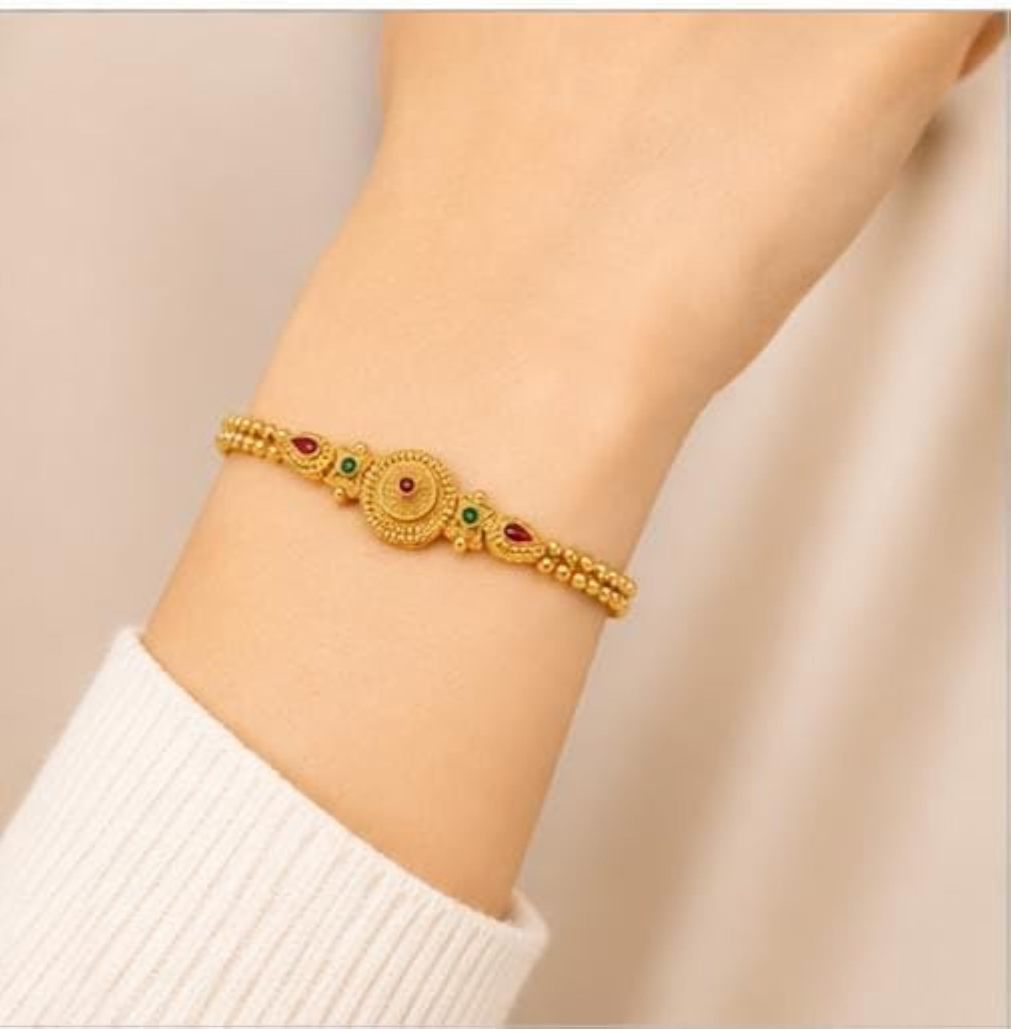 Gold-Toned Traditional Bracelet with Ruby & Emerald Stones