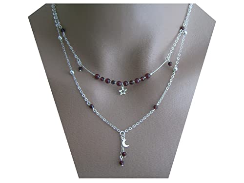 Collier double rang lune et étoile en argent 925 et grenat véritable fait main en France