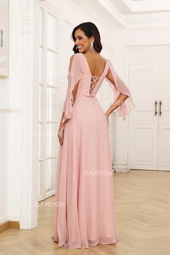 GARDOM Ruffle Sleeve Chiffon Bridesmaid Dresses for Women Cold Shoulder Formal Dress for Wedding 2025 V Neck Evening Gowns3
