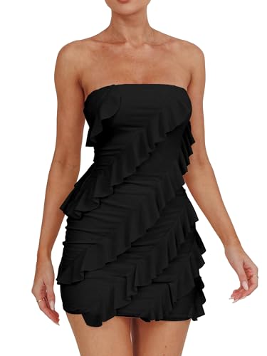HOCILLE Women's Sexy Strapless Tube Top Bodycon Sleeveless Ruffle Mini Party Dress