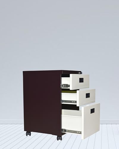 Image of Amazon Brand - Solimo 3 Drawer Steel Pedestal Cabinet | Lockable Powder Coated Filing Cabinet for Files, Documents & Stationery | Office Storage Unit (Brown, Pedestal with Wheels)