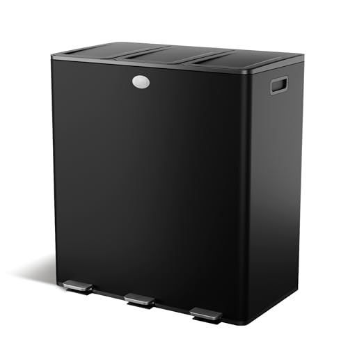 Home Zone Living 24 Gallon Kitchen Trash Can with Three Removable Compartments for Recycling and Trash, Stainless Steel, Black, 8 Gallons Each
