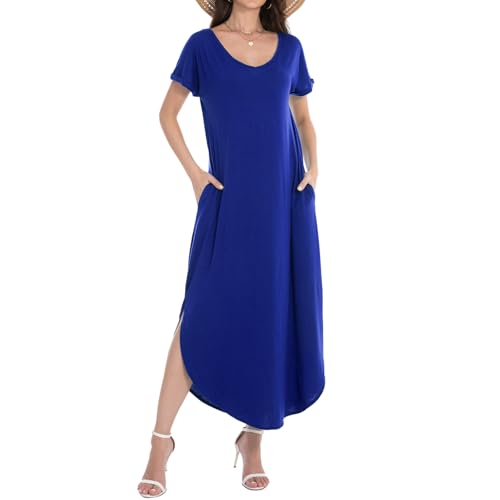 Image of Matchstick Women's Flowy Maxi Dress V-Neck Relaxed Loose Fit Short Sleeve Casual Sundress with Pockets Side Split Beach Dress