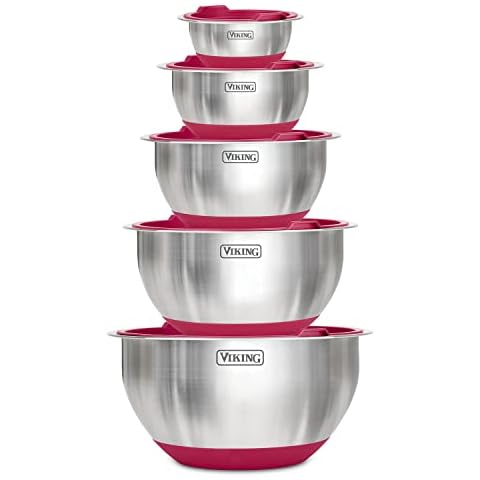 Viking Culinary Stainless Steel Mixing Bowl Set, 10 piece, Non-slip Silicone Base, Includes Airtight Lids, Dishwasher Safe, Red Cover
