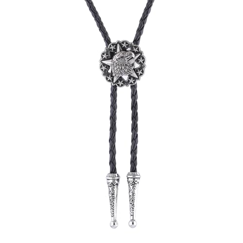 Image of Btilasif Bolo Tie for Men, Vintage Star Eagle Western Cowboy Tie Leather Necklaces Neckties, Western Accessories for Women Men, Silver