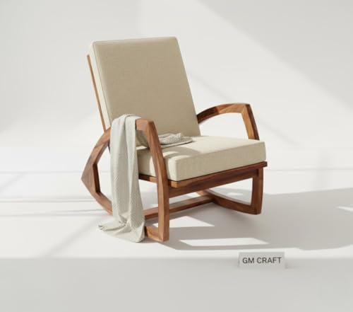 Image of Solid Sheesham Wood Rocking Chair for Living Room - Upholstered Relaxing Chair - Wooden Rocking Chair for Adults for Home Outdoor Indoor (Honey, Cade)