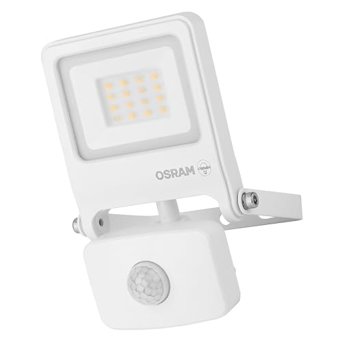 Osram ENDURA FLOOD PC 10W LED-Fluter mit Sensor, 3000K warmweiß, 1000 Lumen, IP44 weißes Flutlicht IR-Sensor 9m, Zeit/Lux-Funktion, Weiß