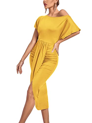 Image of LYANER Women's One Off The Shoulder Ruched Wrap Front Split Hem Draped Party Midi Dress