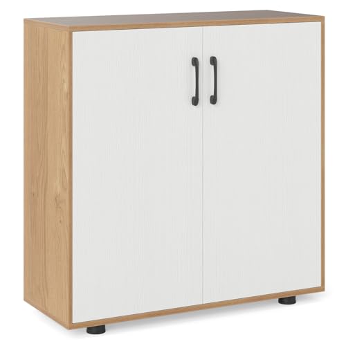 COSTWAY Buffet Sideboard, Wooden Storage Cabinet with 2 Doors, 5-Position Adjustable Shelf & Anti-Tipping Kits, Modern Accent Cupboard Display Organiser for Kitchen Dining Living Room (White+Natural)