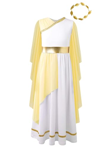 Hansber Kids Girls Ancient Greek Toga Grecian Flowy Gown Dress with Headwear Fancy Outfits