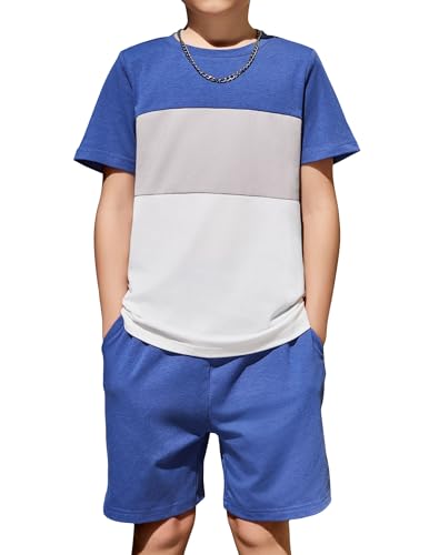 Image of Arshiner Boys' 2-Piece Cotton Outfit Color Block T-Shirt and Shorts Set Summer Camo Clothes for Kids 5-14 Years