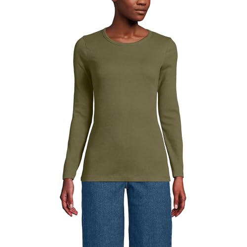 Image of Lands' End Womens Long Sleeve Micro Rib Crew Olive Drab Petite X-Small