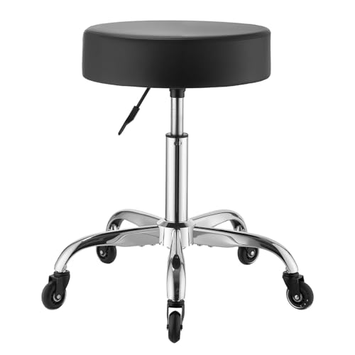 Image of VEVOR Rolling Stool with Wheels, 500 lbs Weight Capacity, Height Adjustable, Quiet Casters, Thick Cushion Ergonomic PU Leather Seat, 360 Swivel Round Rolling Stool Chair for Salon, Clinic, Black
