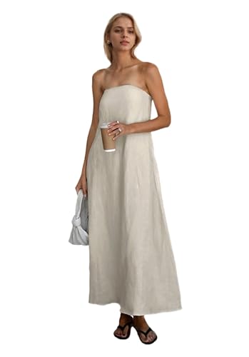 IDEWO Aesthetic Summer Solid Color Strapless Linen Dress Backless Sleeveless Casual Party Beach Going Out Dresses for Women (White,L,Large)