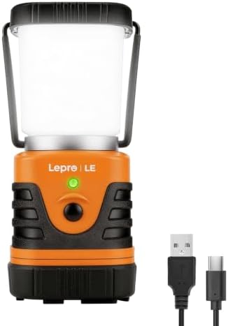 LE Campinglampe wiederaufladbare, 4 Helligkeiten Dimmbar Orange, 1 Stück | Superhell Tragbar Suchscheinwerfer mit Bügel und Haken, Notfallleuchte für Stromausfällen, Wandern, Notfa