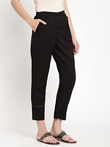 Image of Women's White Cotton Straight Fit Trouser | Ankle Length Casual Pants for Women | Mid Rise Comfortable Stretchable Bottom Wear with Pocket
