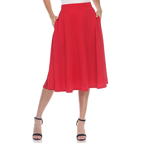 White Women's Flared Midi Skirt with Pockets