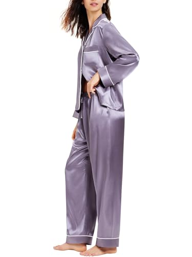 LONXU Damen Seide Schlafanzug Pyjama Grau Small