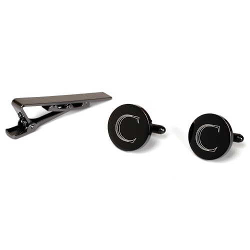 Image of Mens Initial Cufflinks and Tie Clip A-Z Alphabet Letter Black Stainless Cuff Links Tie Bar with Engraved Walnut Wood Box Groom Groomsman Wedding Set