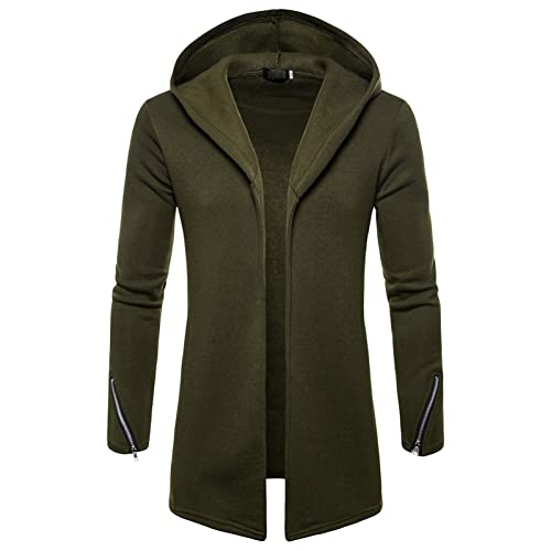 Maiyifu-GJ Men's Long Open Front Cardigan Lightweight Longline Fleece Hooded Cardigan Solid Zip Long Sleeve Coat Outwear (Armygreen,X-Large)