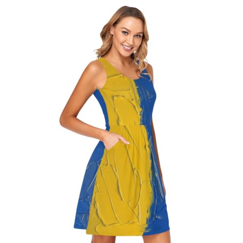 Robe Ukraine peinture à l'huile d'été fleurie et fluide avec poches pratiques pour femme