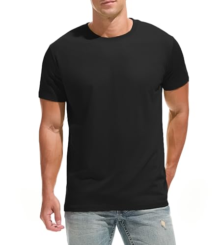 JEEGAL Men’s T-Shirt, 220 GSM Cotton Blend Crewneck Tee, Heavyweight Short Sleeve Solid Color Casual Top, Soft Basic Tee Black L