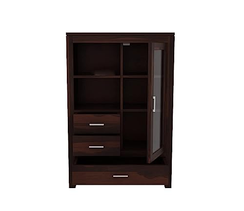 Image of Sheesham Wood Book Shelf with Acrylic Glass Door | Wooden Sideboard Crockery Cabinet with 3 Drawers & 2 Shelf Storage | Kitchen Display Unit | Bookshelf for Home Library | Walnut