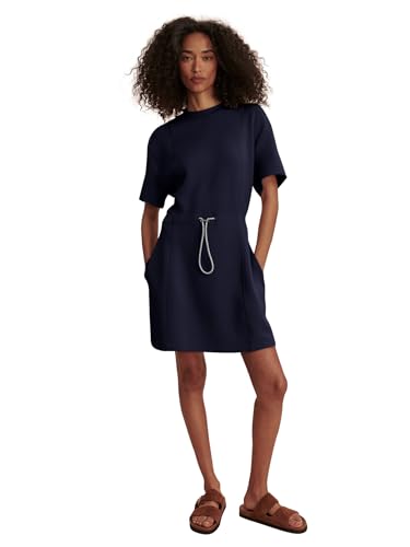 Image of COCOMARTS Dresses for Women Summer Short Sleeve Crew Neck Sweatshirt Dress Drawstring Waist Tunic Tops Mini Vacation Sundress