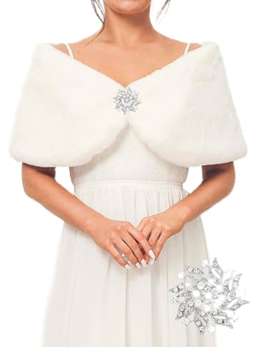 GORAIS Women Faux Fur Shawls and Wraps Wedding Fur Cape Short Bridal Fur Stole with Brooch for Bride and Bridesmaids