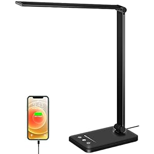 Lampe de Bureau LED, Lampes de Table Dimmable 10 Niveaux de Luminosité 5 Modes de Couleur, Contrôle Tactile Protection des Yeux, Avec Port USB/Fonction Minuterie Pliable/Rotative