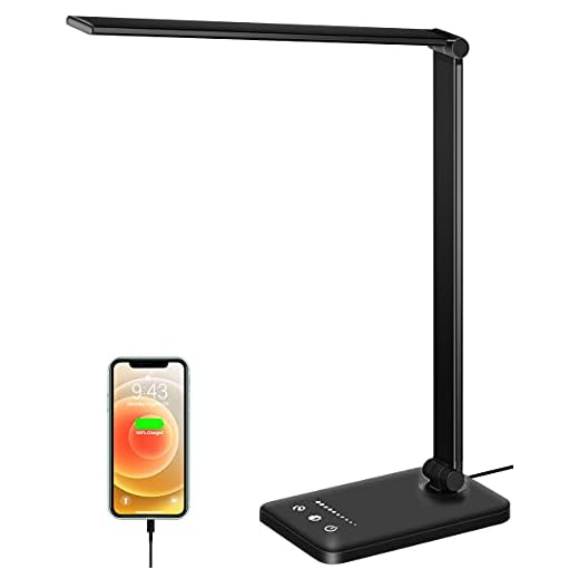 Lampe de Bureau LED, Lampes de Table Dimmable 10 Niveaux de Luminosité 5 Modes de Couleur, Contrôle Tactile Protection des Yeux, Avec Port USB/Fonction Minuterie Pliable/Rotative