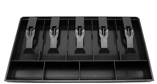 Image of Cash Drawer Insert Tray with 5 Bill Compartments and 4 Coin Sections, Plastic Currency Organizer with Spring Clips, Black