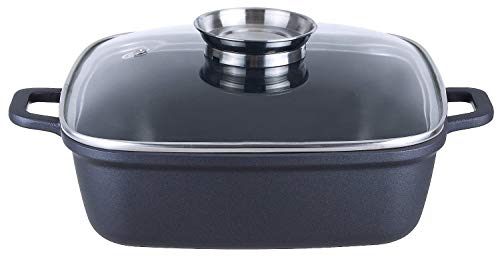 Kopf Naczynie do pieczenia Santorin (odlew aluminiowy, 5 litrów, w zestawie szklana pokrywka z przyciskiem aromatu, indukcja) czarna