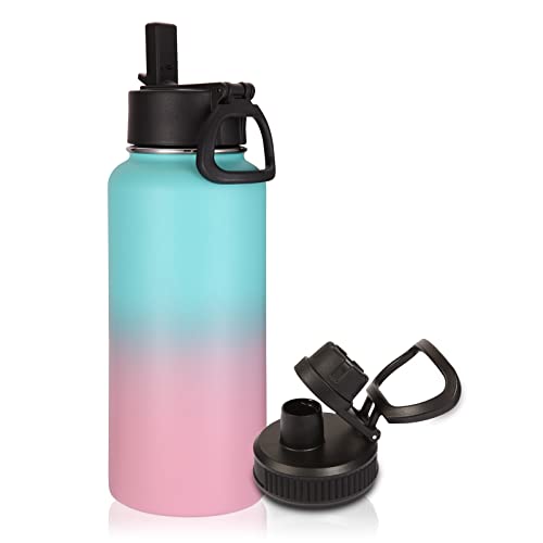 Image of Volhoply 32 oz Insulated Water Bottle with Straw Lid & Spout Lid,Stainless Steel Sports Water Bottle,Double Wall Vacuum Cups,Leakproof Wide Mouth Metal Flask,Keeps Cold or Hot(Green Pink,1)