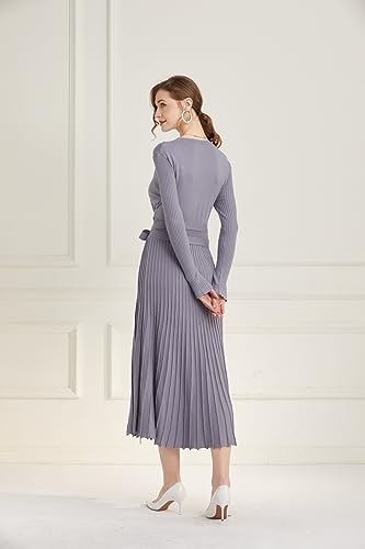 Image of Women's Long Knit Crewneck Sweater Dress Tie Waist A-Line Swing Pleated Bodycon