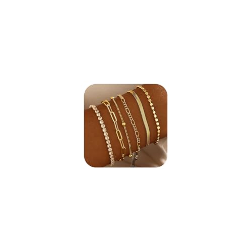 DEARMAY Waterproof Gold Bracelets Set for Women Trendy, Dainty 14K Real Gold Plated Jewelry Fashion Stackable Tennis Beaded Figaro Herringbone Paperclip Link Bracelet Pack Stack Gifts for Women