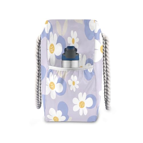 Beach Bag - Large Tote Bags for Women White Flower Pattern Purple Shoulder Bags Zipper Waterproof Sandproof for Travel Gym Swim Daily3