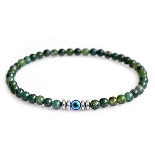 Lameybrt Evil Eye Bracelet 4 mm Natural Stretch Adjustable Beaded Bracelets for Women Gifts for Birthday/Anniversary/Christmas (B09 Moss Agate One Size)