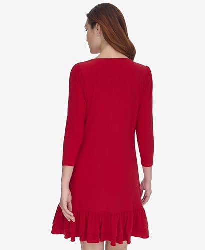 Image of Tommy Hilfiger Women's 3 /4 Sleeve Crew Neck Double Ruffle Hem Jersey Shift Mini Dress