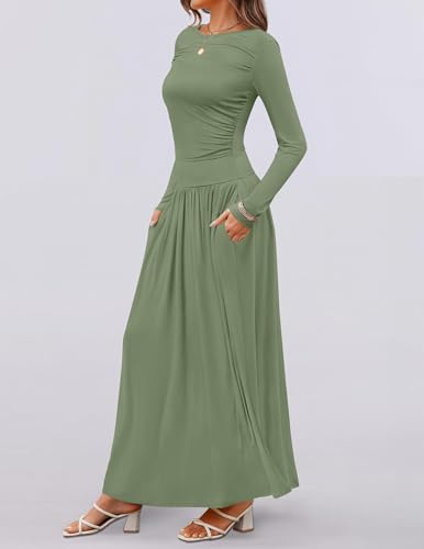 زيسيكا فستان ماكسي ربيعي للنساء بأكمام طويلة 2025 بقبة دائرية بدون طوق، فساتين كاجوال ضيقة بكسرات متأرجحة مع جيوب، لون اخضر فاقع، مقاس L
