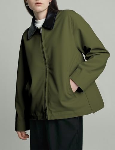 Casual Long Sleeve Zip Up Jacket Coat PU Collar Contrast Outwear Lapel Pockets Loose Coats Shacket3