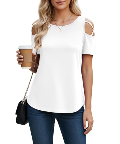 Image of NILOUFO Cold Shoulder Tops for Women Summer Short Sleeve Blouses 1-3 Pack | Blouses for Women Dressy Casual Shirts Open Shoulder Strappy Lightweight Tunic Tops for Work Office Vacation Daily Wear