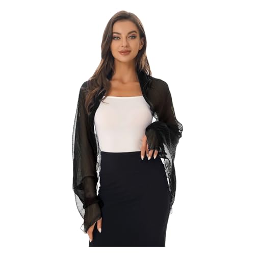 Capa Gasa Fiesta Bolero de Gasa de Manga Larga for Mujer, Tipo Camisola, con Abertura Frontal y protección Solar(Black)