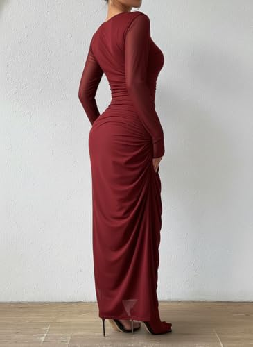 Image of LIGHT DOT Women's Printed Bodycon Maxi Dress Long Sleeve Tie Dye Mesh Ruched Cocktail Dress