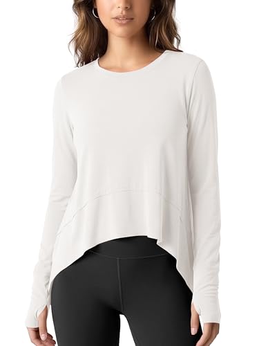 Image of ODODOS Soft Modal Long Sleeve Crop Top for Women with Thumb Hole Athletic Gym Workout Cropped Yoga Shirts