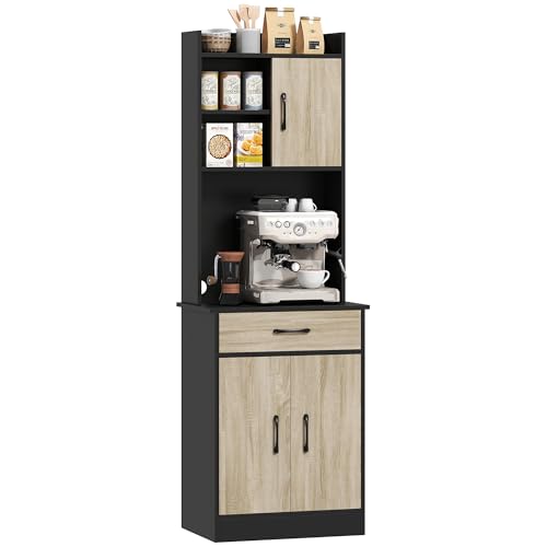 HOMCOM Buffet haut cuisine avec tiroir, armoire de cuisine, vaisselier 3 portes, étagères ouvertes et plan de travail, meuble de rangement pour salon et...