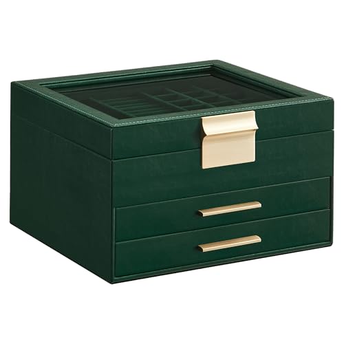SONGMICS Jewelry Box Organizer with Glass Lid, 3-Layer Jewelry Storage, with 2 Drawers, Modern Style, Christmas Gift, 8 x 9.1 x 5.3 Inches, Forest Green and Gold Color UJBC239C01 3 Layer (8"